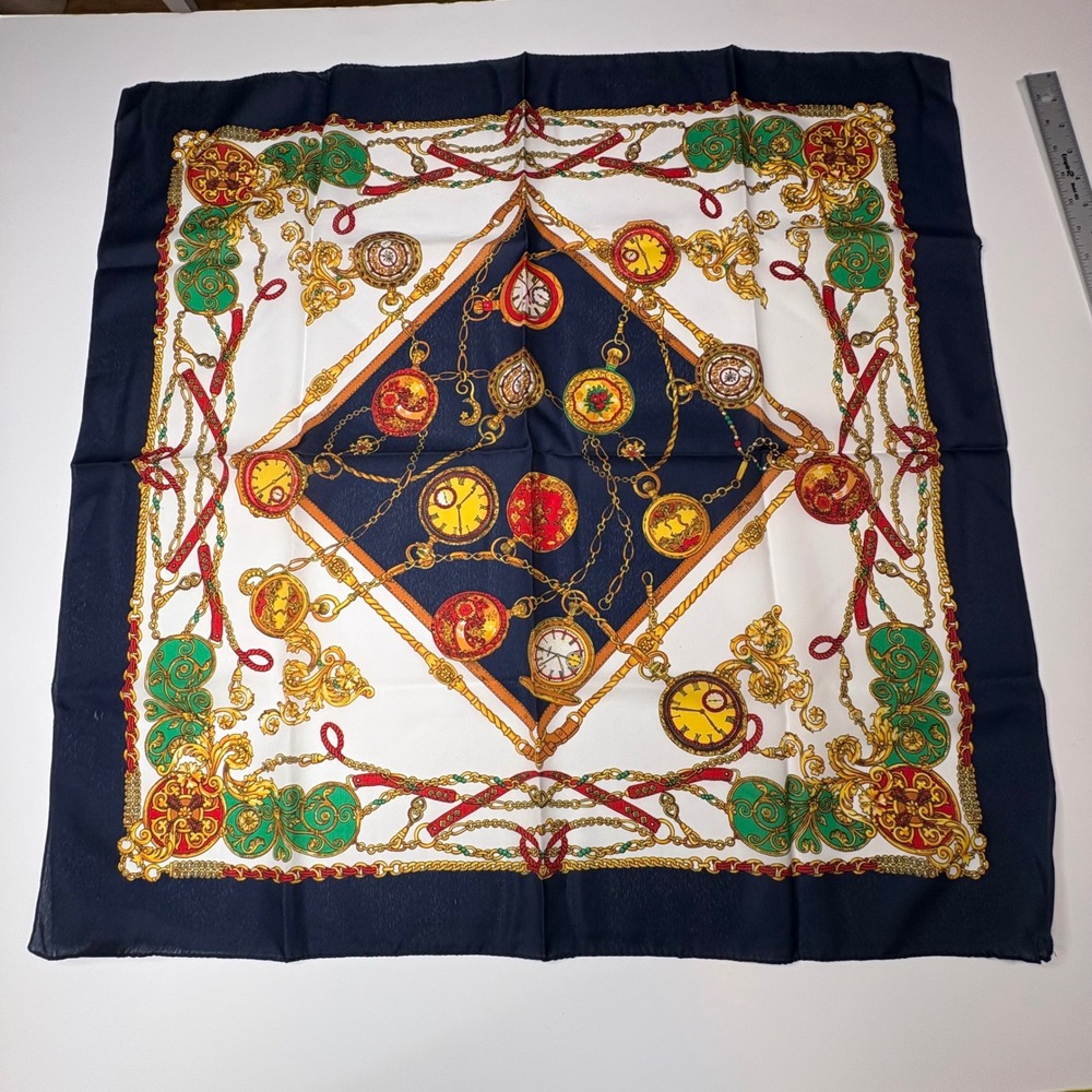 Vintage Adrian Jordan Pocket Watch Scarf 34" Navy Gold Dark Academia Old Money